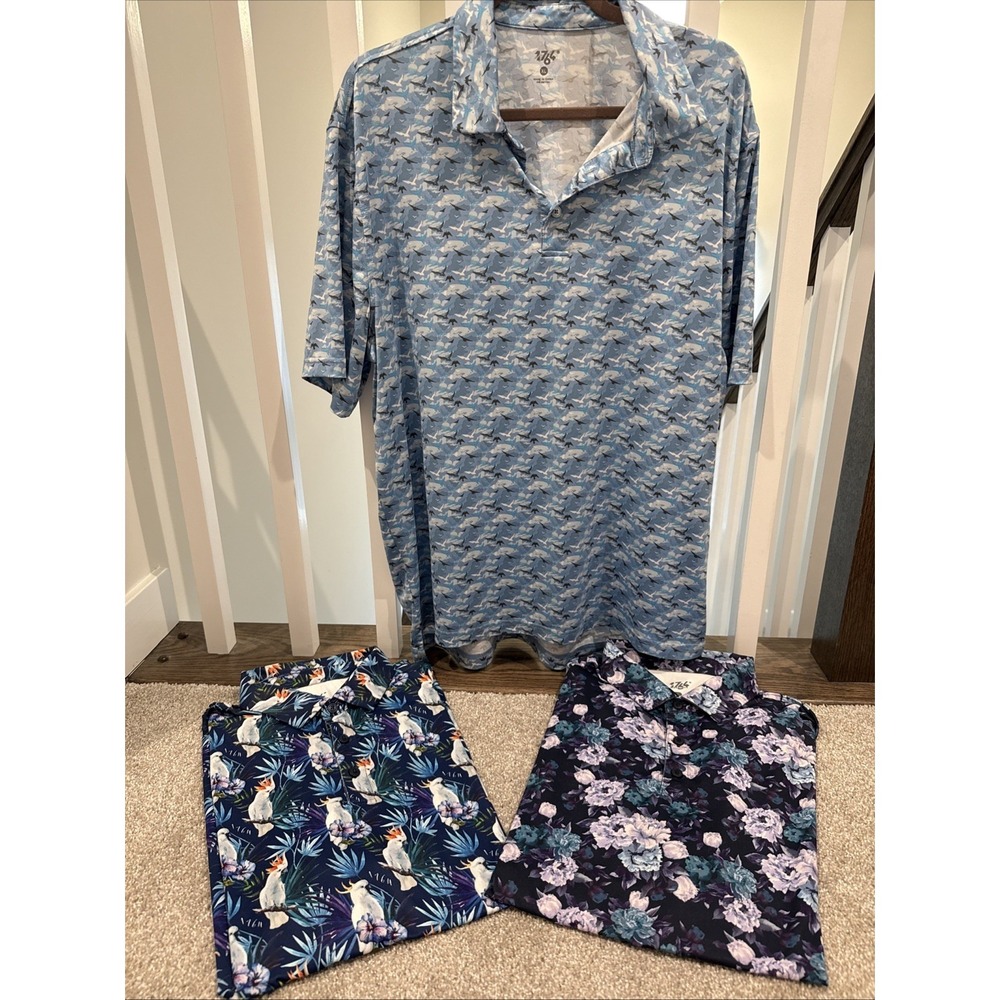 3 - 1764 Polo Golf Shirts Blue Birds Floral‎ Geometric Print XL Perform Stretch